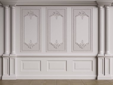 Küflü klasik iç duvar. Zemin parke herringa kemiği. Dijital çizim 3D.