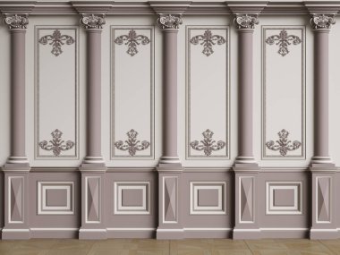 Küflü klasik iç duvar. Zemin parke herringa kemiği. Dijital çizim 3D.