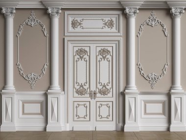 Küflü klasik iç duvar. Zemin parke herringa kemiği. Dijital çizim 3D.