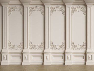 Küflü klasik iç duvar. Zemin parke herringa kemiği. Dijital çizim 3D.