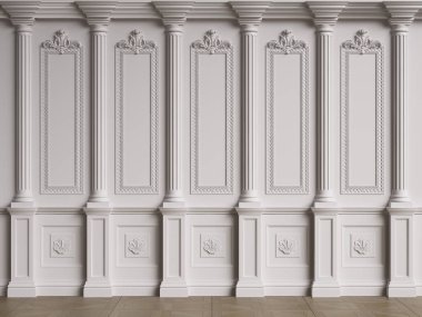 Küflü klasik iç duvar. Zemin parke herringa kemiği. Dijital çizim 3D.