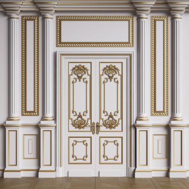 Küflü klasik iç duvar. Zemin parke herringa kemiği. Dijital çizim 3D.