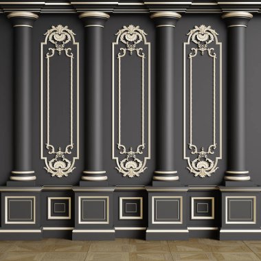 Küflü klasik iç duvar. Zemin parke herringa kemiği. Dijital çizim 3D.