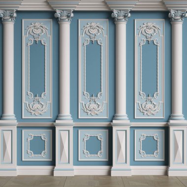 Küflü klasik iç duvar. Zemin parke herringa kemiği. Dijital çizim 3D.