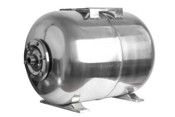 Stainless steel expansion tank for a pump station. Pump booster pressure vessel. Pressure vessel for a booster set. Isolated on white background. — Stock Image Stainless Steel Expansion Tank Pump Station Pump Booster Pressure Vessel Stock Picture