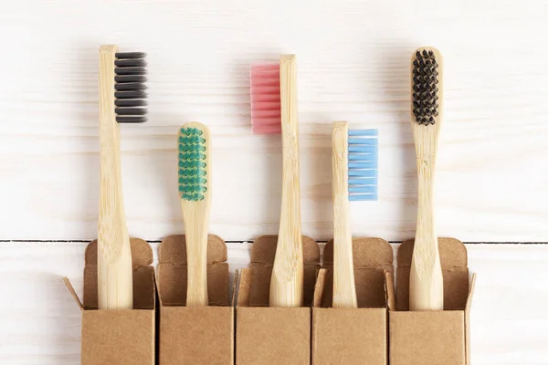 Multicolored Bamboo Toothbrushes Cardboard Packages Close — Stock Photo, Image
