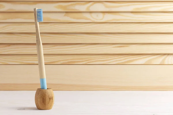 Blue Bamboo Toothbrush Wooden Background — Stock Photo, Image