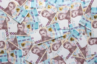 1000 Hryvnias banknot faturasının arka planı, tam ekran, yakın plan.