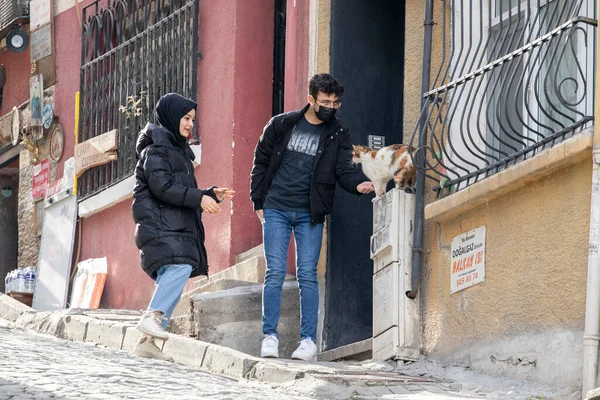 Istanbul Turkey January 2021 Young People Caressing Stray Cat — Stock Photo, Image