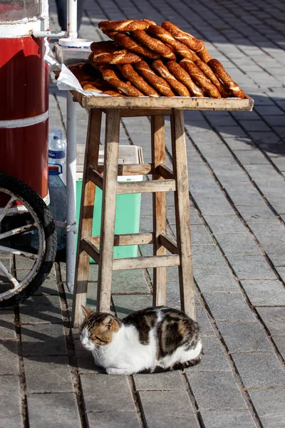 Gatto Randagio Trova Vicino Venditore Ambulante Bagel Turchi Tradizionali Istanbul — Foto Stock