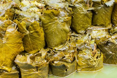 Dolma için marine edilmiş üzüm yaprakları. Yakın plan..