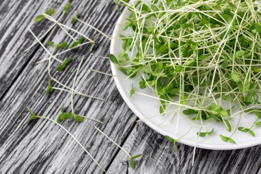 Siyah ahşap arka planda beyaz bir tabakta keten mikroçap. Organik yiyecekler.