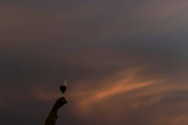 Mano Femenina Sosteniendo Una Copa Vino Tinto Sobre Fondo Cielo — Foto de Stock