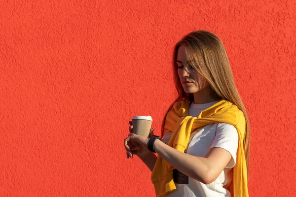 Outdoor Portrait Young Woman Morning Coffee Hand Woman Looking Watch — Stock Photo, Image