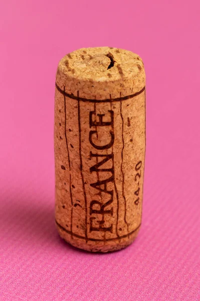Виноградська Корка Рожевому Фоні Назва Країни Вина Франція Написана Корку — стокове фото