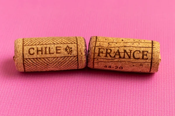 Пробки Вина Закрываются Названия Винодельческих Стран Франции Чили Написаны Пробках — стоковое фото
