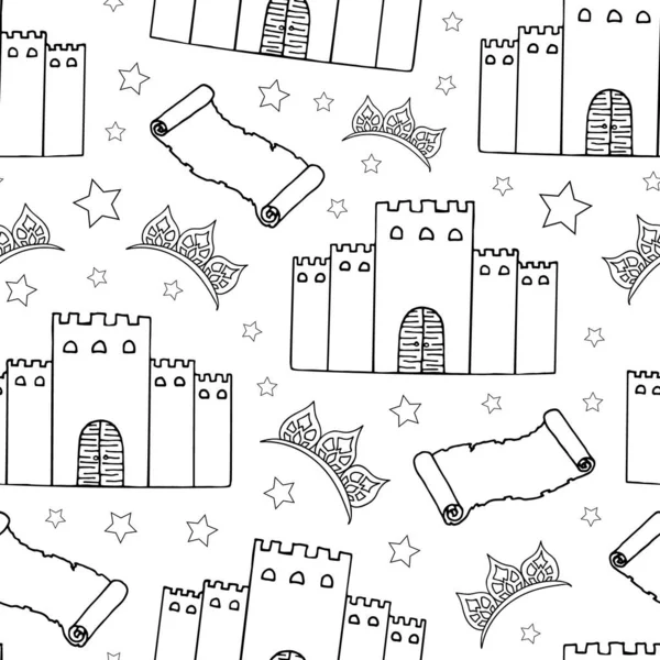 Castelo, diadema, estrelas e pergaminho velho Fundo branco. Desenho manual. Ilustração vetorial. Padrão sem costura. — Vetor de Stock