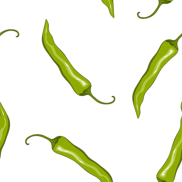 Seamless pattern green chilli pepper. Peppers background. Hand drawing. Vector illustration. Cartoon style. — Stock Vector