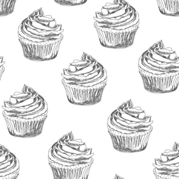 Schets van een cupcake. Imitatie van potloodtekening. Handtekening. Vector illustratie. Grafische stijl. Naadloos patroon. — Stockvector