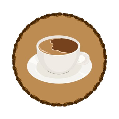 Çemberin kahverengi arka planında logo kahve kupası. El çizimi kahve fincanı. Vektör çizimi. Çizgi film biçimi.