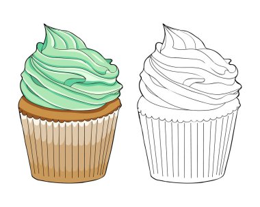 Boyama kitabı sayfası. Eskiz ve renkli versiyon kek. tasarım elemanı. El çizimi. Vektör illüstrasyonu.