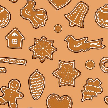 Kusursuz desen. Kremalı zencefilli bisküvi. kahverengi arka plan. Noel duvar kağıtları. El çizimi. Vektör illüstrasyonu.