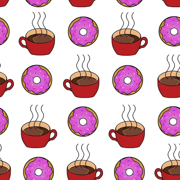 无缝隙的咖啡杯和带粉红奶油的甜甜圈 背景为白色 手绘漫画风格 矢量说明 — 图库矢量图片