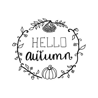 Dallardan, yapraklardan, dağ küllerinden, meşe palamudu ve balkabağından oluşan bir çerçeve. Merhaba Autumn. El çizimi. Vektör illüstrasyonu.