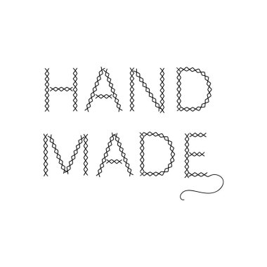 Dikiş atölyesinin logosu. Yazı el yapımı, çapraz dikişle işlenmiş. El çizimi. Vektör illüstrasyonu.