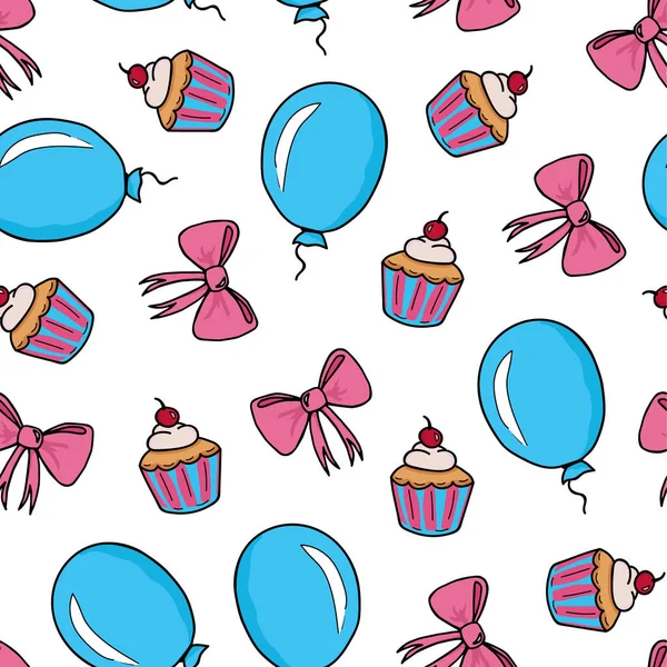 儿童节的无缝图案 粉红蝴蝶结 气球和纸杯蛋糕白色背景 手绘矢量说明 — 图库矢量图片