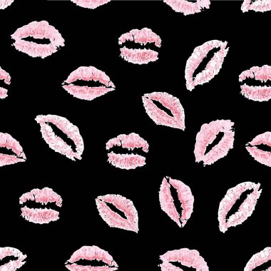 Siyah arka planda pembe öpücüklerin kusursuz deseni. Dünya öpüşme günü. Valentins Günü. El çizimi. Görüntü.