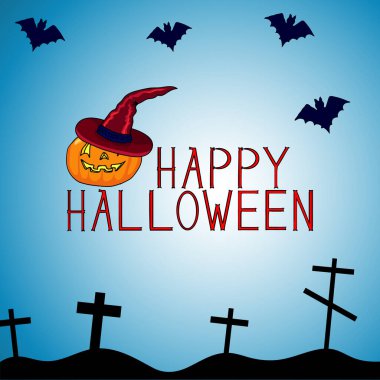 Mutlu Cadılar Bayramı. Mezar haçları ve yarasaların arka planında şapkası olan balkabağı. Cadılar Bayramı geçmişiniz kutlu olsun. El çizimi. Vektör illüstrasyonu.