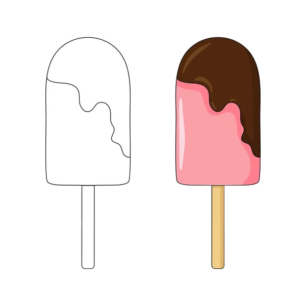 Розмальовка Морозиво Рожеве Морозиво Рубані Шоколаду Десерт Мультиплікаційному Стилі Білому — стоковий вектор