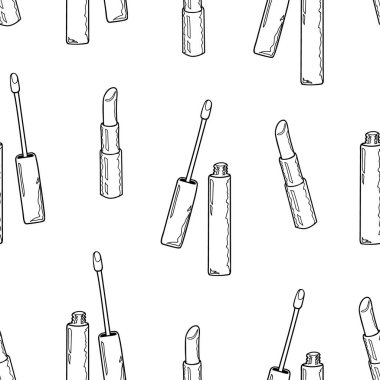 Kusursuz ruj izi ve dudak parlatıcısı. Beyaz bir arka plan. El çizimi. Vektör çizimi. çizgi film biçimi.