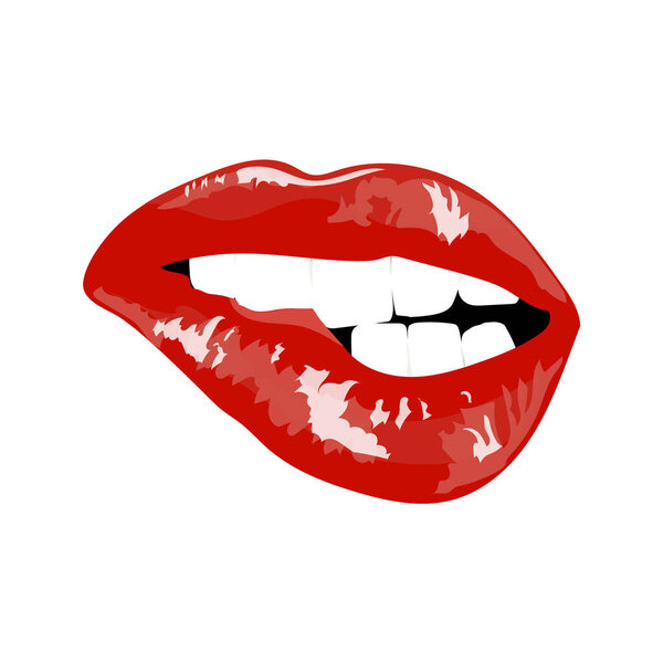 Red sexy lips poster. Girl bites her lip teeth. Card for Valentines Day. Hand drawing. Vector illustration.