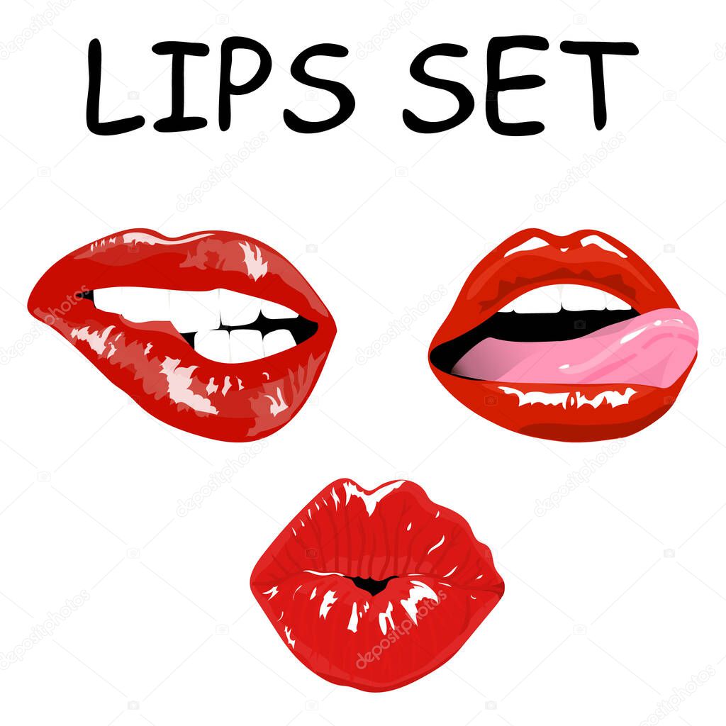 Set sexy lips set. Open mouth, lips and tongue, lips and teeth, red kiss. Pop art. Card for Valentines Day. Collection red lips. Hand drawing. Vector illustration.