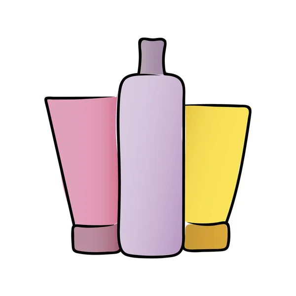 Logo Kosmetikunternehmen. Tube und eine Flasche Kosmetik. Handzeichnen. Schönheitsikone. Vektorillustration. Flasche Kosmetik. — Stockvektor