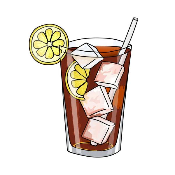 Ett glas Long Island Ice Tea cocktail, isbitar och citronskivor. Handritning. Vektorillustration. Tecknad stil. Sommar kall dryck. Affisch för iscocktail. Stockvektor