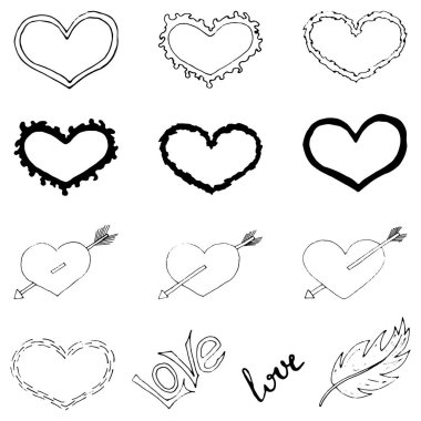 El yapımı kalp, tüy ve metin koleksiyonu. Doodle tarzı çizgi roman tasarım elementleri. Sevgililer gününde kart..
