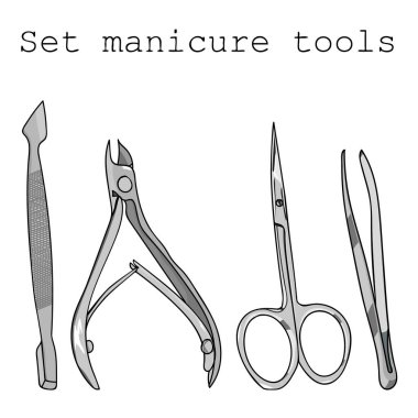 Manikür için bir takım aletler. El çizimi manikür aletleri. Vektör çizimi. İzole vektör manikür araçları nesnesi.
