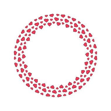Kırmızı kalplerin çerçevesi. Sevgililer Günü için bir tebrik kartı için arka plan, düğün davetiyeleri. El çizimi. Vektör illüstrasyonu