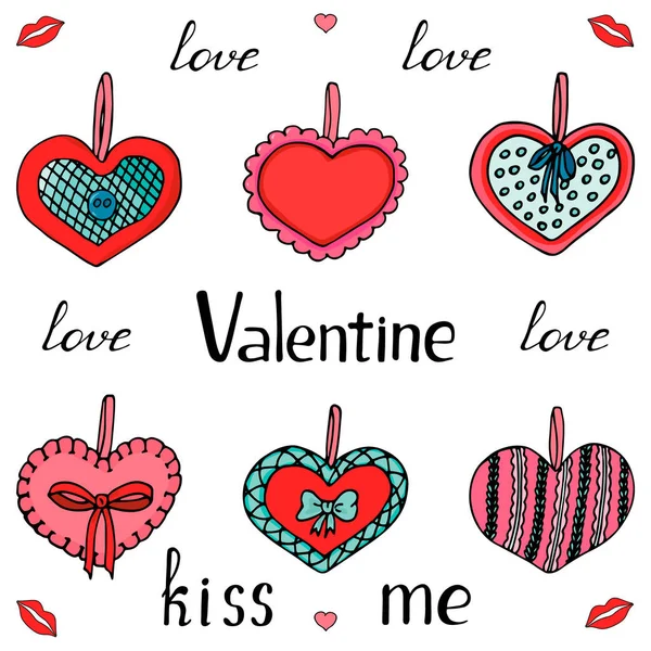 Conjunto Corazón Tela Roja Turquesa Con Lazo Lettering Kiss Love — Vector de stock