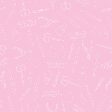 Pembe arka planda kusursuz manikür aletleri. Vektör çizimi. El çizimi manikür aletleri. Manikür araçları kartı.