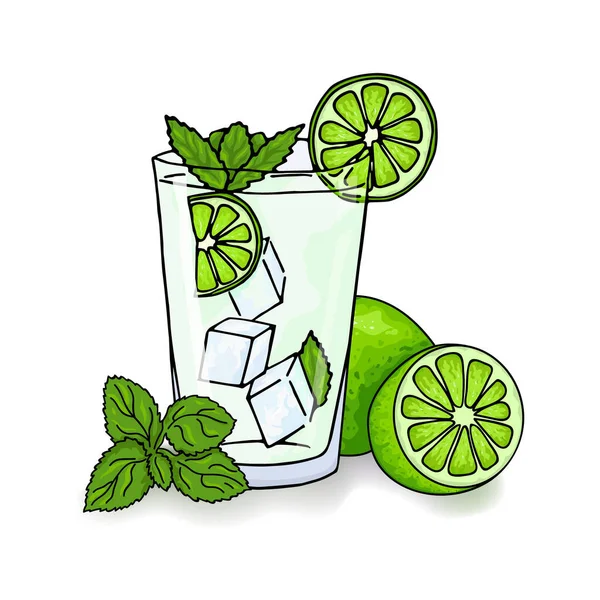 Glass Mojito Ice Cubes Mint Leaves Lime Slice Whole Lime — Stock Vector