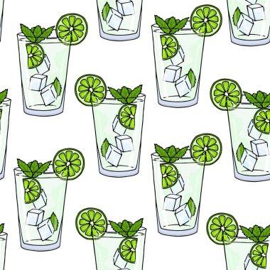 Kusursuz mojito desenli camlar, buz küpleri, nane yaprakları ve beyaz arka planda limon dilimleri. Yaz soğuk içecek geçmişi. El çizimi alkol kokteyli. Çizgi film tarzında vektör illüstrasyonu.