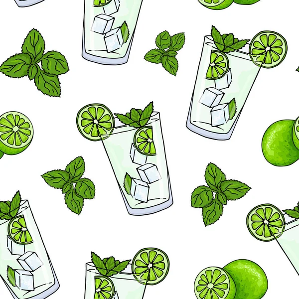 Seamless Pattern Glass Mojito Ice Cubes Mint Leaves Lime Slice — Stock Vector