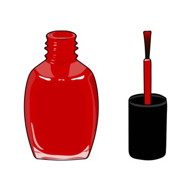 Kırmızı tırnak cilası açık bardakta ve yanında düşüyor. Pop sanat. El çizimi. Vektör illüstrasyonu.