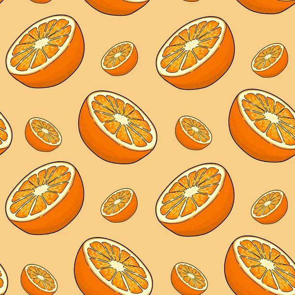 Padrão sem costura de laranjas em um fundo laranja claro. Desenho manual. Ilustração vetorial. estilo cartoon. — Vetor de Stock