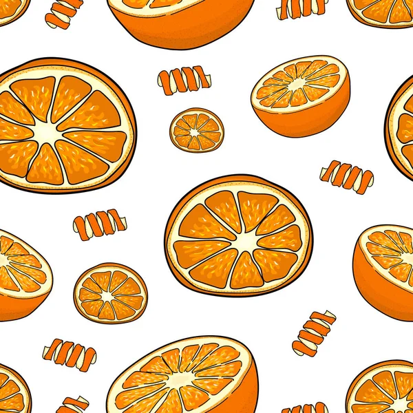 Nahtloses Muster aus Orangenscheiben und Orangenschale. weißer Hintergrund. Handzeichnen. Vektorillustration. — Stockvektor