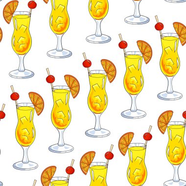 Kusursuz soğuk kokteyl. Beyaz arka plan. Buzlu yaz içkisi. Vektör çizimi. El çizimi. Bir dilim portakal ve kirazlı sarı meyve suyu..